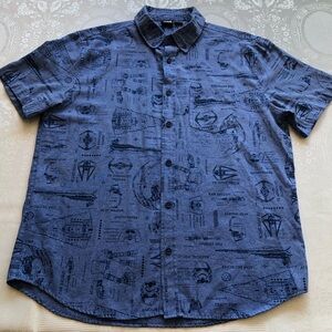 Star Wars Graphic Allover Print Men's Size L Blue Short-Sleeve Button-Up Shirt